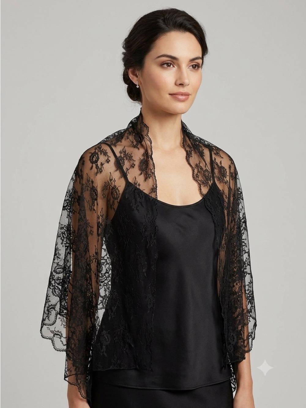 Vintage Black Long Rectangular Lace Mourning Veil Shawl Scalloped Edges - 60x23"
